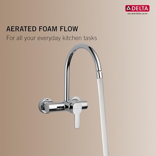 Image of Delta Faucet Wall Mount Kitchen Sink Faucet Mixer I 10 Year Warranty I Aerated Foam Flow Kitchen Faucet I Sink Tap with 360 Spout Rotation I Kami Kitchen Sink Tap I Chrome I 33904