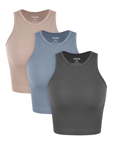 Image of ODODOS 3-Pack Seamless Crop Tank for Women Ribbed Soft High Neck Cropped Tops