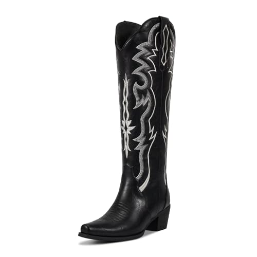 Image of wetkiss Cowboy Boots for Women Knee High, Low Heeled Stable and Comfortable | Knee High Cowgirl Boots,Western Boots with Embroidery,Pull On,Slip On,Non-slip Rubber Sole,Soft and Breathable PU Leather