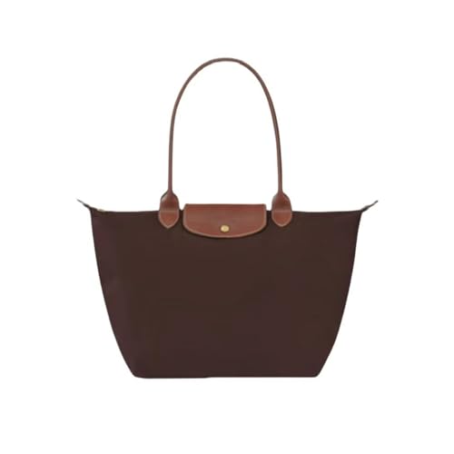 Women's Nylon Tote Bag, Large Capacity Waterproof Shoulder Bags, Spacious Handbag with Metal Zipper & Compartments (Classic ebony brown,L)