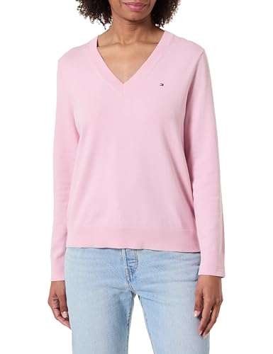 Tommy Hilfiger Damen CO Jersey FINE GG V-NK LS SWT WW0WW40098 Pullover Sweater, Pink (Bonita Pink), M, Rosa (Bonita Pink), M