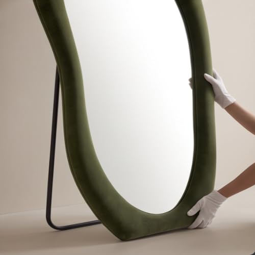 Image of The Artment Fluid Reflection Unbreakable Full-Length Asymmetrical Shape Mirror with Plush Green Velvet Frame, Floor-Standing or wall-Leaning Design for Bedroom, Dressing Area & Home (160 X 60 CM)