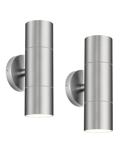 Image of Ken & Ricky Stainless Steel Outdoor Wall Light,Cylinder,Brushed Nickel,2PK | Waterproof Outdoor Sconce,No Glare,Exterior Lighting Fixtures,E26 Base,For Porch House Garage Front Door Patio