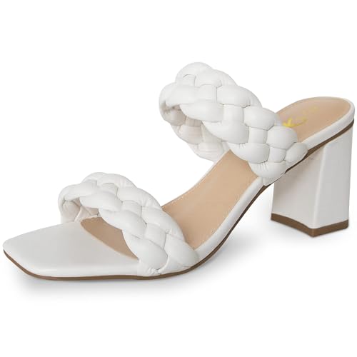 Athlefit White Braided Heeled Sandals for Women Fashion Square Open...