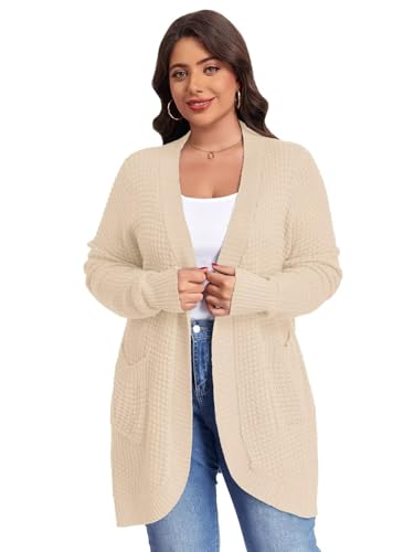 Image of LARACE Long Cardigans for Women Plus Size Tops Open Front Sweaters with Pockets Waffle Ribbed Sleeve Loose Fall Outwear
