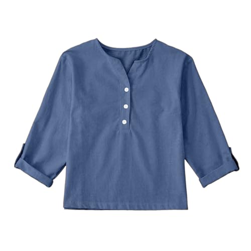 Girls Cotton Linen Short Sleeve Henley Shirts Casual Flowy Loose Fit Dressy Tops Basic Button up Trendy Kids Teens Blouses - Main Image