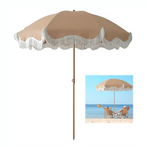 Brown 8 Ribs Beach Umbrellas with Fringe 1.8m Tilt Patio Umbrellas Sun Protection Portable Outdoor Holiday Umbrella UV50+ Table Umbrella for Outside Pool Garden Backyard Adjustable Heights
