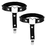 Women's Thigh Garters, 2 Pieces Adjustable Heart Garters Belt Elastic Leather Leg Garter Thigh Strap Belt Anti-Slip Harness Garter Clips Belts for Women Girls Fashion Highs Socks, Black
