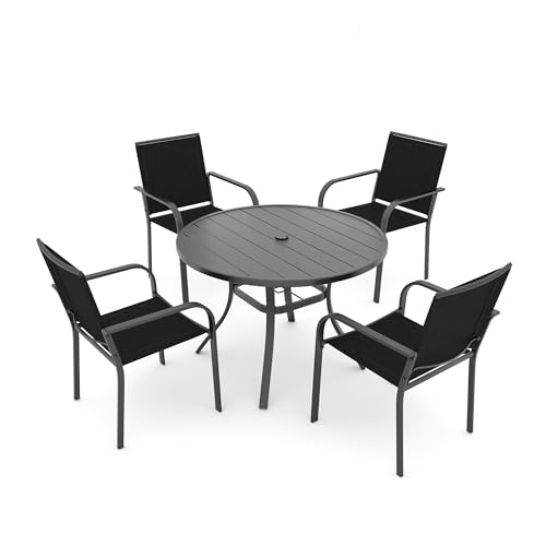 Image of Anmutig 5 Piece Patio Dining Set 41 Inch Round Table Stackable Chairs Black | Powder-Coated Steel Frame, Quick-Dry Textilene Mesh, Dual-Size Umbrella Hole, Weather Resistant, Patio, Garden, Backyard