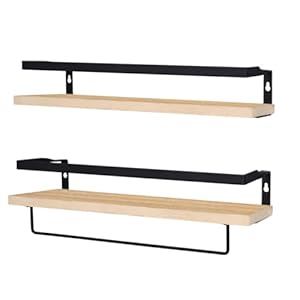 Set de 2 baldas de madera y metal para pared 42cm | Juego de 2 estantes flotantes | Marco de Metal | Tipo industrial moderno | Toallero | Barra toallero | Dormitorio, Cocina, Baño, Sala de Estar