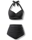 Holipick Black Women High Waisted Bikini Set Two Piece Swimsuit Tummy Control Bathing Suit Vintage Halter Swimwear S