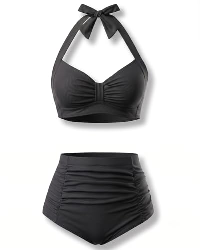 Holipick Black Women High Waisted Bikini Set Two Piece Swimsuit Tummy Control Bathing Suit Vintage Halter Swimwear M