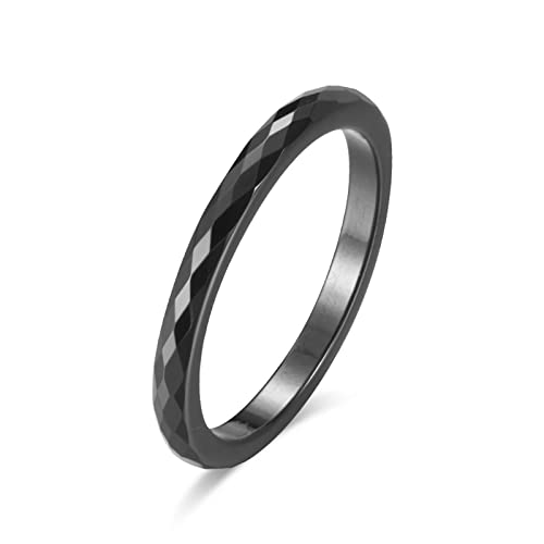 Mesnt Bague pour Femme, Bague Pinky Fines Bandes Facettées, Bague Céramique Noir pour Femme Taille 56.5