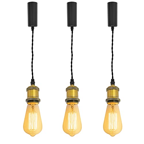 Kiven H-Type Track Light Pendants, 59 Inch Cord Length Black Weave Rope Adjustable Length, Restaurant Chandelier Decorative Pendant Light Industrial Pendant Lamp 3 Pack,Bulb Not Included（Gold）