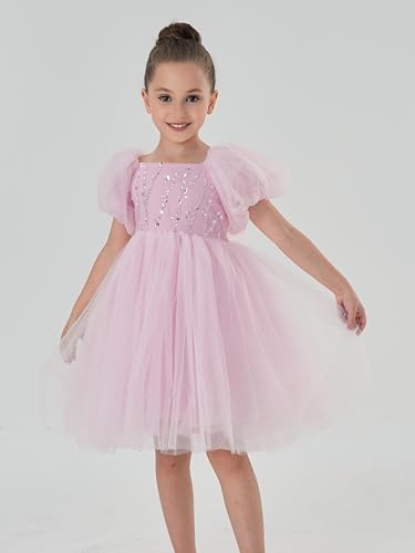 2Bunnies Girls Puff Sleeve Sequin Bodice Tulle Bow Back Party Flower Girl Dress2