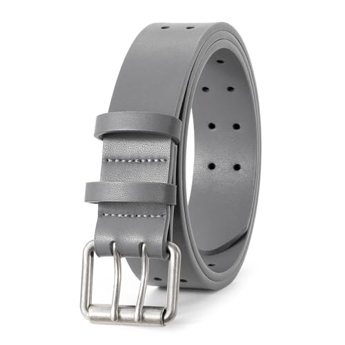 Image of JASGOOD Men Double Prong PU Leather Belt Casual Work Heavy Duty Belt Double Grommet Holes Belt for Jeans