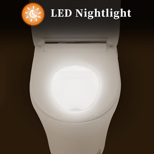 Inodoro inteligente de una pieza alargado con asiento calefactado, descarga automática y sensor de pie, doble descarga (1/1,28 GPF), control mediante perilla, luz nocturna, cerámica moderna compacta para baño, blanco plateado miniatura 6