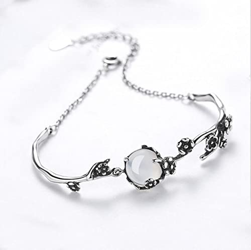 925 Pulsera de Plata esterlina Moda Vintage Luz de Luna Piedra Ciruelo Cadena de Flores vinculadas para Mujeres Bangle Joyería Navidad