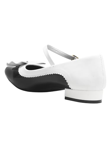 Image of Shoetopia Women's Black & White Mary Jane Heels | Retro Bow Detail Pumps with Strap | Low Heel Dress for Party, Casual & Wedding