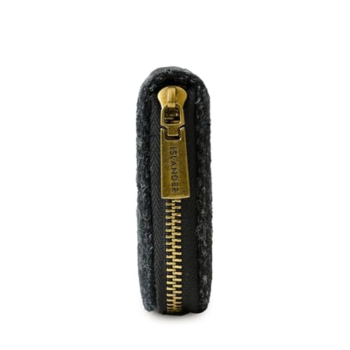 Image of Islander HarrisTweed & PU Leather women's long zip purse, Carry Cash & card, Scottish Style, Black Herringbone