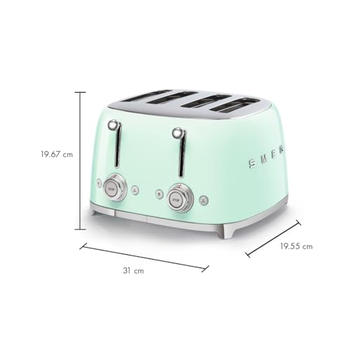 Image of SMEG 4 Slice Toaster TSF03, Retro Stainless-Steel Toaster with Wide Slots for Bagels, 6 Browning Levels, Defrost Reheat Bagel Functions, Dual Controls, Crumb Trays, 1800W - TSF03PGUS - Pastel Green