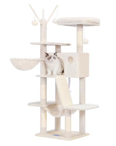 Hey-brother Kratzbaum, 134,6 cm, Katzenturm für Indoor-Katzen, Katzenhaus mit gepolstertem Plattformbett, Spielzeugbälle, großer gemütlicher Höhle, Hängematten und Sisal-Kratzbäume, Beige MPJ019-SM