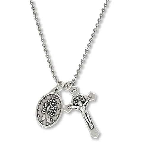 Caritas et Fides Catholic Necklace St Benedict Crucifix and Miraculous Medal Hypoallergenic Necklace on 24" Ball Chain - Jesus Mary Chain Catholic Necklace for Men, Women, Adults Cover