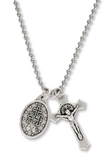 Caritas et Fides Catholic Necklace St Benedict Crucifix and Miraculous Medal Hypoallergenic Necklace on 24