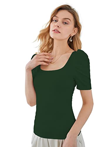 Image of Shasmi Women's & Girl's Polyester Pleated High Neck Short Puff Sleeve Ruched Bust Solid Regular Fit Top