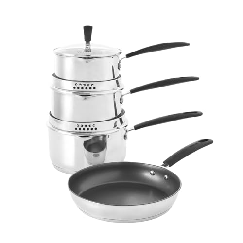 ProCook Gourmet Stainless Steel Cookware Set with Non Stick Frying Pan Uncoated Induction Pans Dishwasher Safe Cooking Pots - 4 Piece, 14/16/18/24 cm, 1/1.7/2.4 L