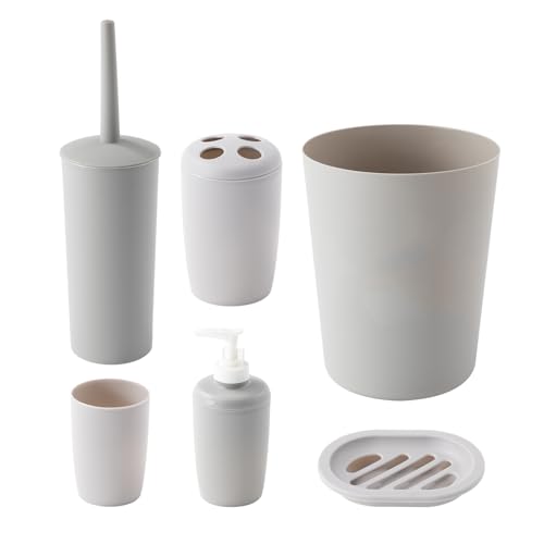 Image of The Cleaning Expert 6 Piece Bathroom Accessory Set - Modern Bathroom Set with Bin, Soap Dispenser, Soap Dish, Tumbler, Toilet Brush Holder & Toothbrush Holder - Grey or White (Grey)