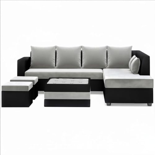 Image of CASASTYLE Stylify 8 Seater Fabric RHS L Shape Sofa Set with 1 Centre Table & 2 Ottoman (Light Grey-Black) 8 Person Seating with Premium Velvet Finish | Ideal for Living Room