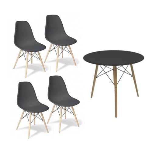 Orion91 Conjunto Mesa 4 Patas Negra 80x80x76cm + 4 Sillas Polipropileno Color Negro y Patas en Madera Haya 46,5 x 48 x 82 cm Comedor Oficina Salón Teletrabajo Cocina – SpazioLuzio-