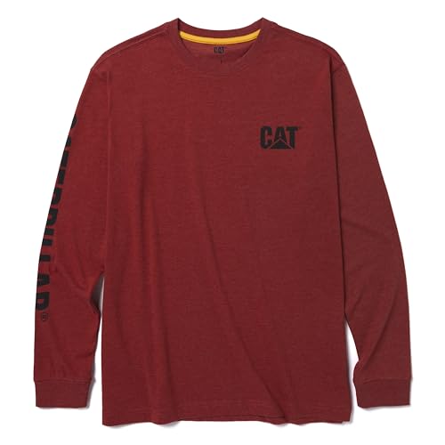 Caterpillar Trademark Banner Long Sleeve Tee Shirts for Men with Center Back Neck Wire Management Loop and Cat Workwear Logo, Red Ochre Heather Black, 3XL Big