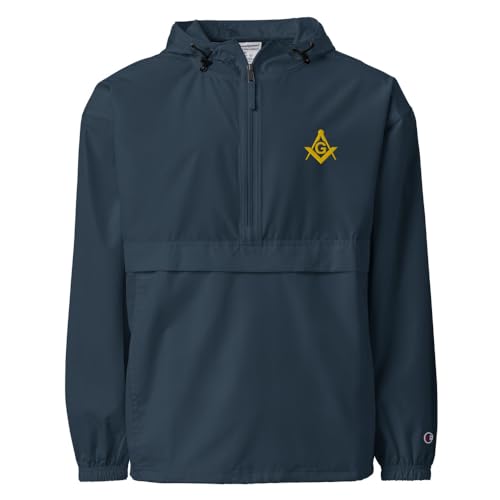 Masonic Embroidered Champion Packable Jacket, Gold Square & Compass Freemason Windbreaker Jacket, SM-2XL - Main Image