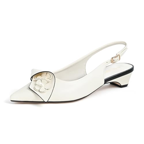 Slingback Heels Pumps for Women Closed Pointed Toe Low Chunky Heels Flowers Block Heel Dress Shoes Comfortable Ankle Strap Heeled Sandals