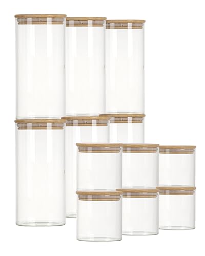 HOMCLASSY 12 Pack Glass Storage Jars with Airtight Bamboo Lids and Labels, Borosilicate Glass Canisters for Kitchen, Spices, Grains, Cereal, 2 Sizes Small and Large Jars(800ml, 1200ml)
