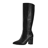 Shoe'N Tale Mid Calf Boots for Women Wide Calf Knee High Boots Chunky Block Heel Fall Winter Pointed Toe Boots(8,Black Crocodile PU)