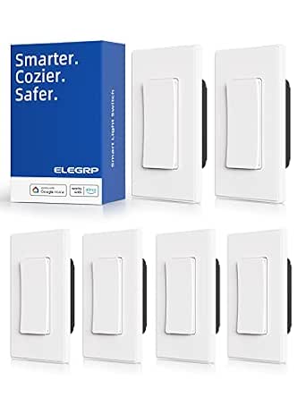 ELEGRP Smart Light Switch, 2.4GHz Wi-Fi Compatible with Alexa & Google Assistant, Neutral Wire Required, APP Control & Timer, UL Certified, Single Pole/3 Way, White, 6 Pack