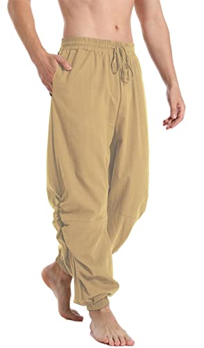PACEIADTA Mens Cotton Linen Drawstring Pants Elastic Waist Casual Jogger Yoga Pants (40, Khaki)2