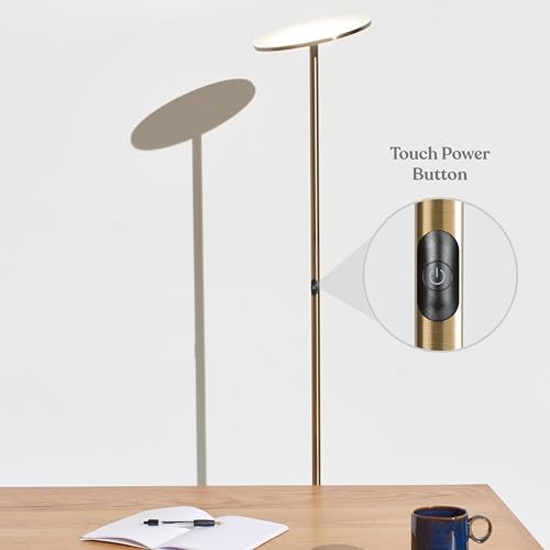 Image of Brightech Sky LED Floor lamp, Torchiere Super Bright Floor Lamp for Living Room Decor & Office - Dimmable, Tall Standing Torch Lamp with Warm Light for Bedroom & Reading - Gold Brass