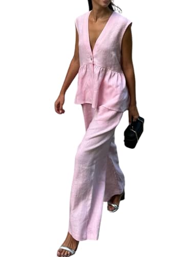 CHARTOU Women's Cotton Pants Sets 2 Piece Outfits V Neck Button Vest Wide Leg Palazzo Casual Work Suits2