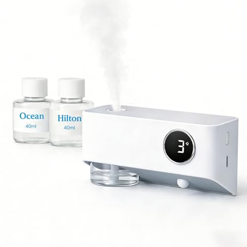 Ambientador de Baño Inalámbrico con 80 ml de Aceite Perfumado (Hilton & Ocean), Difusor de Aromas Ultrasónico sin Depósito de Agua, con Sensor de Movimiento, Temporizador y Montaje en Pared