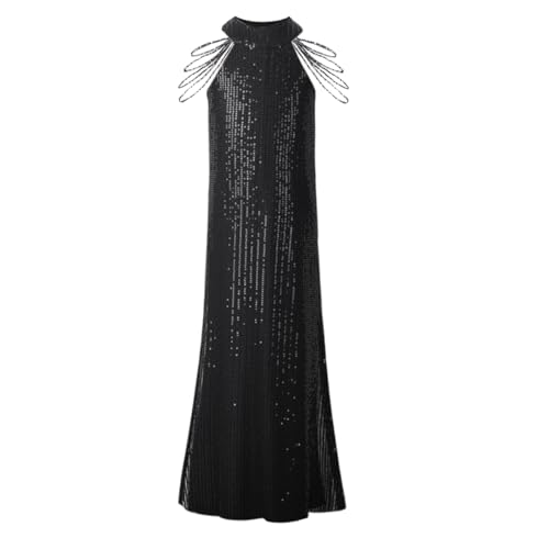 WELAKEN Paillettenkleid für Mädchen, glitzernd, Neckholder, ärmellos, lässig, Party, Hochzeit, Wirbelkleid, Straight-Black, 152