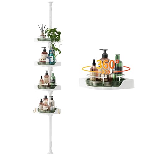 Image of AKINBAS 360 Rotating Shower Caddy Tension Pole with 4-Tier Rustproof Lazy Susan 35-128 Inch No Drilling Coner Shelves Adjustable Shower Rack for Bathroom Bathtub Washbasin Plant Storage (White+Green)