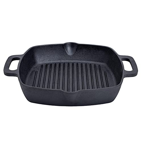 Bruntmor 10" Square Cast Iron Grill Pan Steak Pan Pre Seasoned Grill Pan With Easy Grease Drain Spout, With Large Loop Handles For Grilling Bacon, Steak, And Meats #TOP6