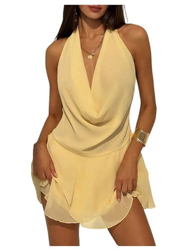 MakeMeChic Women's Plus Size Halter Dress Ruffle Tiered Draped Backless Y2K Mini Dresses