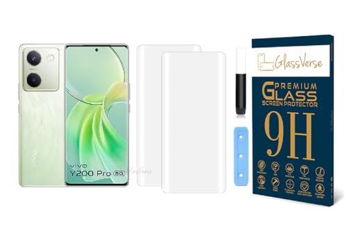 Image of GlassVerse Vivo Y200 Pro UV Tempered Glass Screen Protector. Pack Of 2 | 3D Curved Edge | 9H Hardness | Full UV Glue with UV Light | Anti-Scratch | Case Friendly | HD Clear. (6.78 Inches)