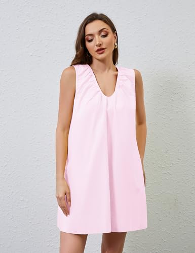 Image of OLAPTA Women Summer Sleeveless Babydoll Scoop Neck Ruched Mini Tank Dress with Pockets