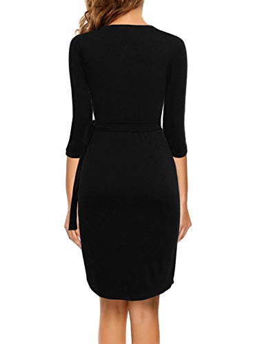 Berydress Women's Vintage 3/4 Sleeve V-Neck Knee-Length Sheath Draped Belt Faux Black Wrap Dress (Xl, 6083-Black) #TOP1